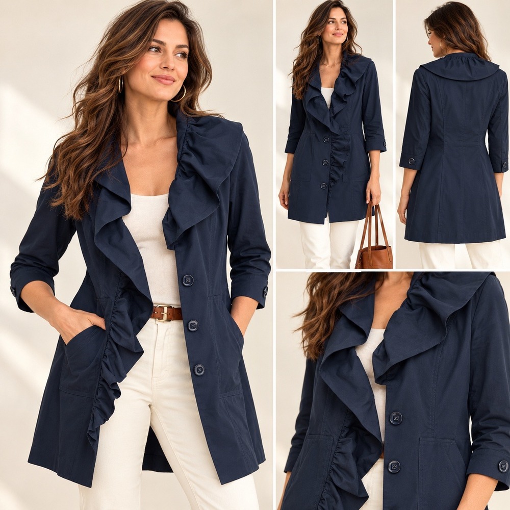 CAbi Womens S Navy Blue Ruffle Trench Coat Lightweight Cropped Sleeve Preppy NWT
